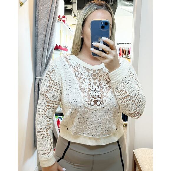 Free People Cotton Crochet Long Sleeve Crewneck Sweater Ivory Large - Picture 1 of 10